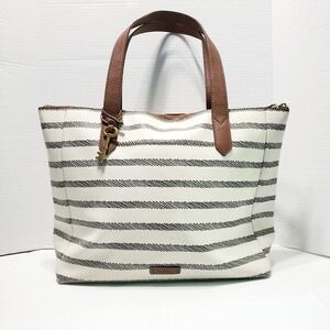 Fossil White Black Stripe Shopper Tote Shoulder Bag Faux Leather Key Charm